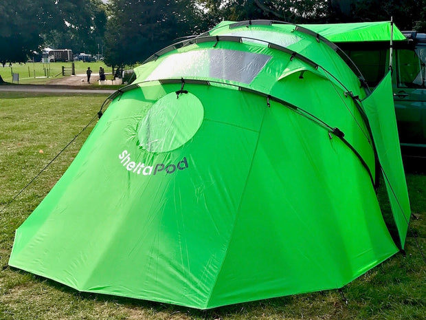 SheltaPod awning works with any vehicle from SUVs, vans and jeeps to caravans, campers, campervans and motorhomes. It can be used as a sun canopy, half dome, 4 person tent and driveaway awning. A family tent for camping, small pack size and lightweight.
