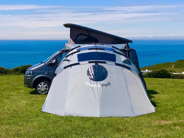 SheltaPod awning works with any vehicle from SUVs, vans and jeeps to caravans, campers, campervans and motorhomes. It can be used as a sun canopy, half dome, 4 person tent and driveaway awning. A family tent for camping, small pack size and lightweight.