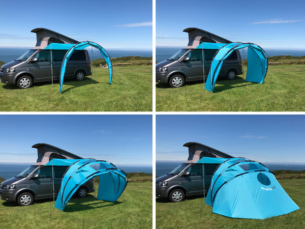 SheltaPod awning works with any vehicle from SUVs, vans and jeeps to caravans, campers, campervans and motorhomes. It can be used as a sun canopy, half dome, 4 person tent and driveaway awning. A family tent for camping, small pack size and lightweight.