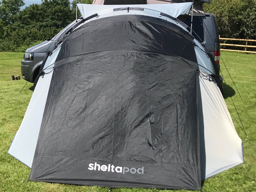 Heat reflective and blackout tent canopy in one. Camping equipment that will pack up small and provide a darker and cooler environment inside the tent.