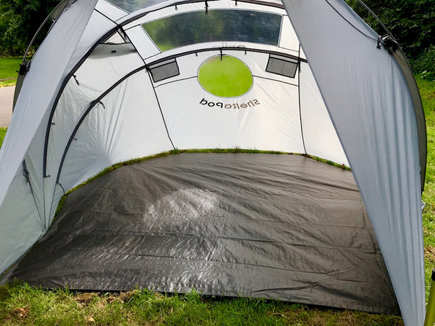 Groundsheet. SheltaPod awning works with any vehicle from SUVs, vans and jeeps to caravans, campers, campervans and motorhomes. It can be used as a sun canopy, half dome, 4 person tent and driveaway awning. A family tent for camping, small pack size and lightweight.