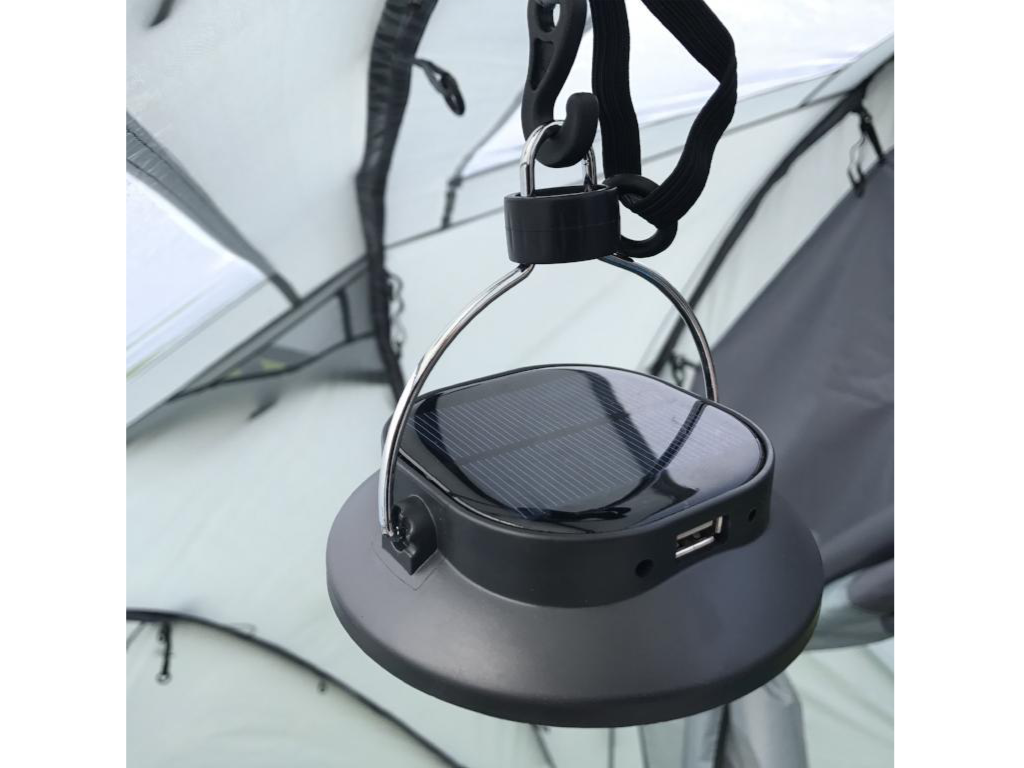 Camping Lantern with USB input, solar panel and hanging clip. An essential accessory to add to your camping list.